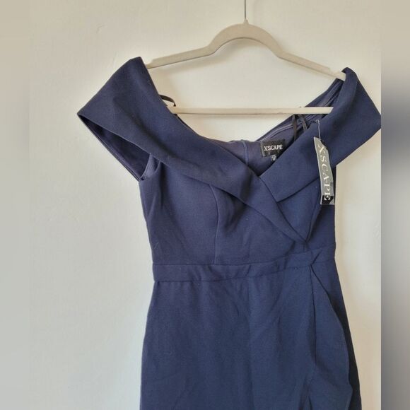 NEW XSCAPE Ballgown Navy Blue Assymetric Hem Crepe Formal Off Shoulder Size 6P - Picture 4 of 11